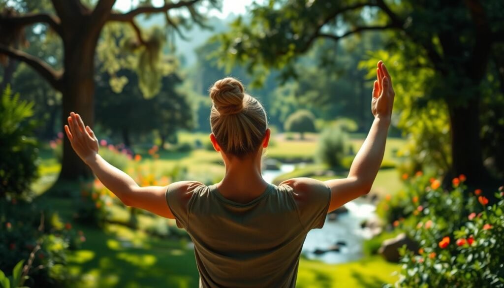 A serene, sunlit scene of a person performing a series of gentle, restorative stretches in a tranquil garden setting. Soft, diffused lighting illuminates their graceful movements as they transition from one pose to the next, their face reflecting a sense of calm and focus. In the background, a lush, verdant landscape unfolds, with towering trees, vibrant flowers, and a soothing, babbling stream. The atmosphere is one of peace, clarity, and mindfulness, inviting the viewer to feel the tension melt away and the mind find a state of rejuvenation.